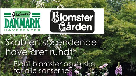Billede af en frodig have med farverige blomster og buske. Teksten opfordrer til at skabe en spændende have året rundt ved at plante blomster og buske, der engagerer alle sanser. Logoer for "Grønn Danmark Havecenter" og "Blomster Gården" er også inkluderet.